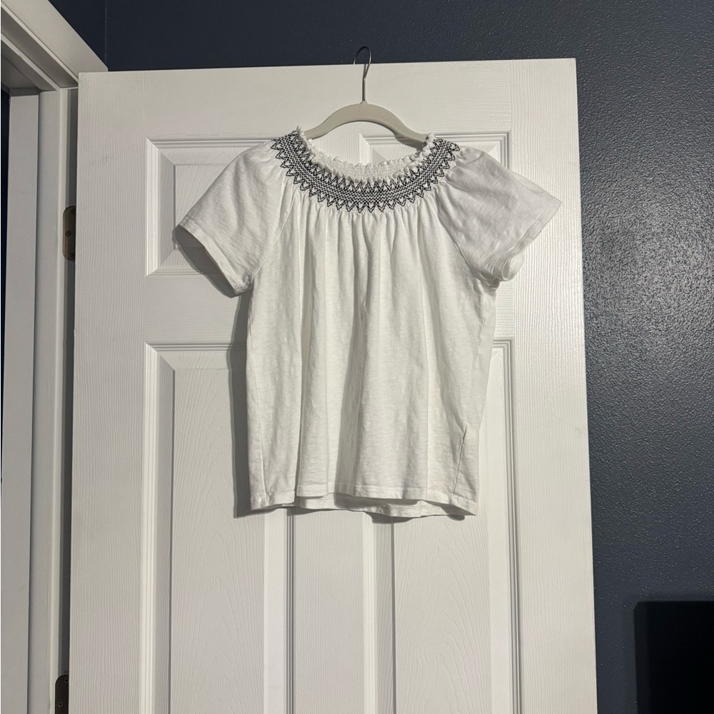 J. Crew White and Black Embroidered Short Sleeve Top